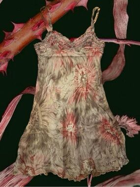 Women’s Lace-Trim Slip Dress in Taupe with Pink Accents